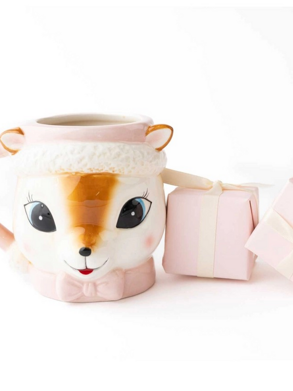 Pink Reindeer Coffee Mug with Santa Hat, 8 oz