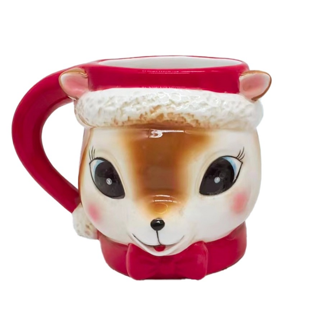 Red Reindeer Coffee Mug with Santa Hat, 8 oz