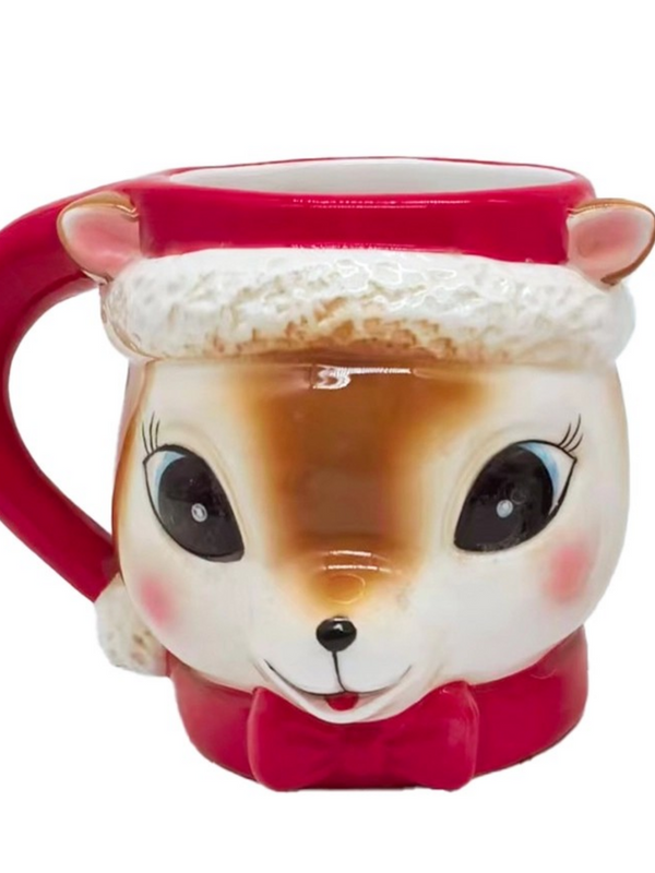 Red Reindeer Coffee Mug with Santa Hat, 8 oz