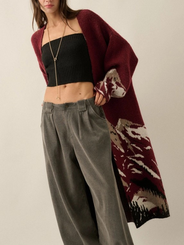 Burgundy Mountain Landscape Jacquard-Knit Open-Front Duster Cardigan