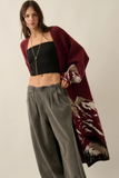 Burgundy Mountain Landscape Jacquard-Knit Open-Front Duster Cardigan