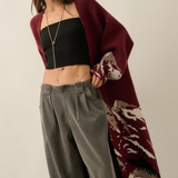 Burgundy Mountain Landscape Jacquard-Knit Open-Front Duster Cardigan