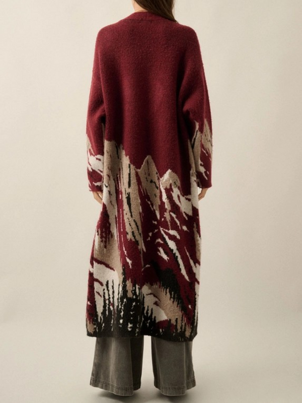 Burgundy Mountain Landscape Jacquard-Knit Open-Front Duster Cardigan