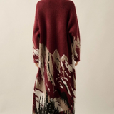 Burgundy Mountain Landscape Jacquard-Knit Open-Front Duster Cardigan