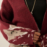Burgundy Mountain Landscape Jacquard-Knit Open-Front Duster Cardigan