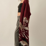 Burgundy Mountain Landscape Jacquard-Knit Open-Front Duster Cardigan