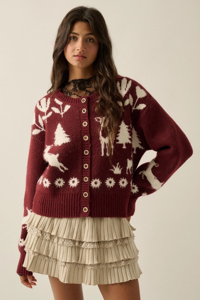 Red Forest Motif Knit Button-Front Cropped Cardigan Sweater