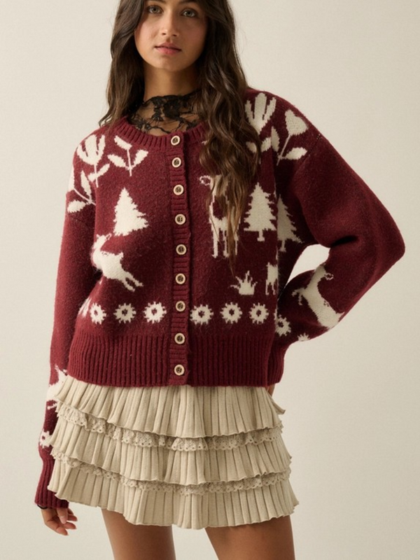 Red Forest Motif Knit Button-Front Cropped Cardigan Sweater