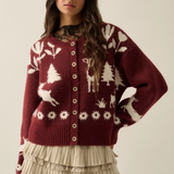 Red Forest Motif Knit Button-Front Cropped Cardigan Sweater