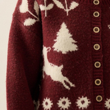 Red Forest Motif Knit Button-Front Cropped Cardigan Sweater