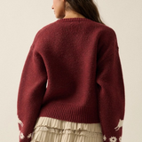 Red Forest Motif Knit Button-Front Cropped Cardigan Sweater