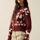 Red Forest Motif Knit Button-Front Cropped Cardigan Sweater