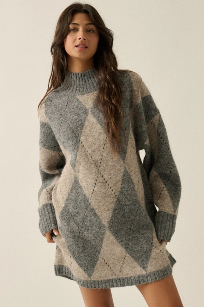 Gray Argyle Plaid Jacquard-Knit Mock-Neck Longline Sweater