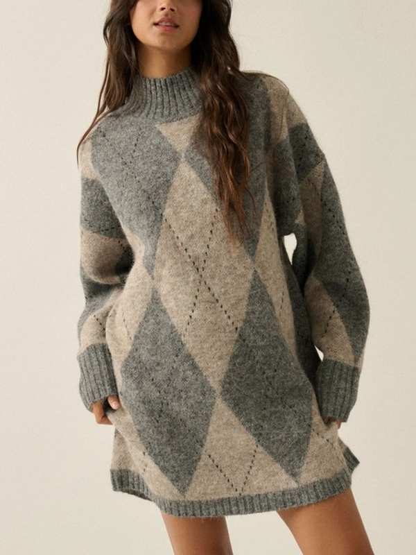 Gray Argyle Plaid Jacquard-Knit Mock-Neck Longline Sweater