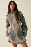 Gray Argyle Plaid Jacquard-Knit Mock-Neck Longline Sweater