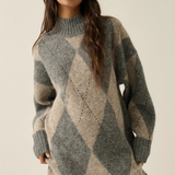 Gray Argyle Plaid Jacquard-Knit Mock-Neck Longline Sweater