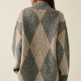 Gray Argyle Plaid Jacquard-Knit Mock-Neck Longline Sweater