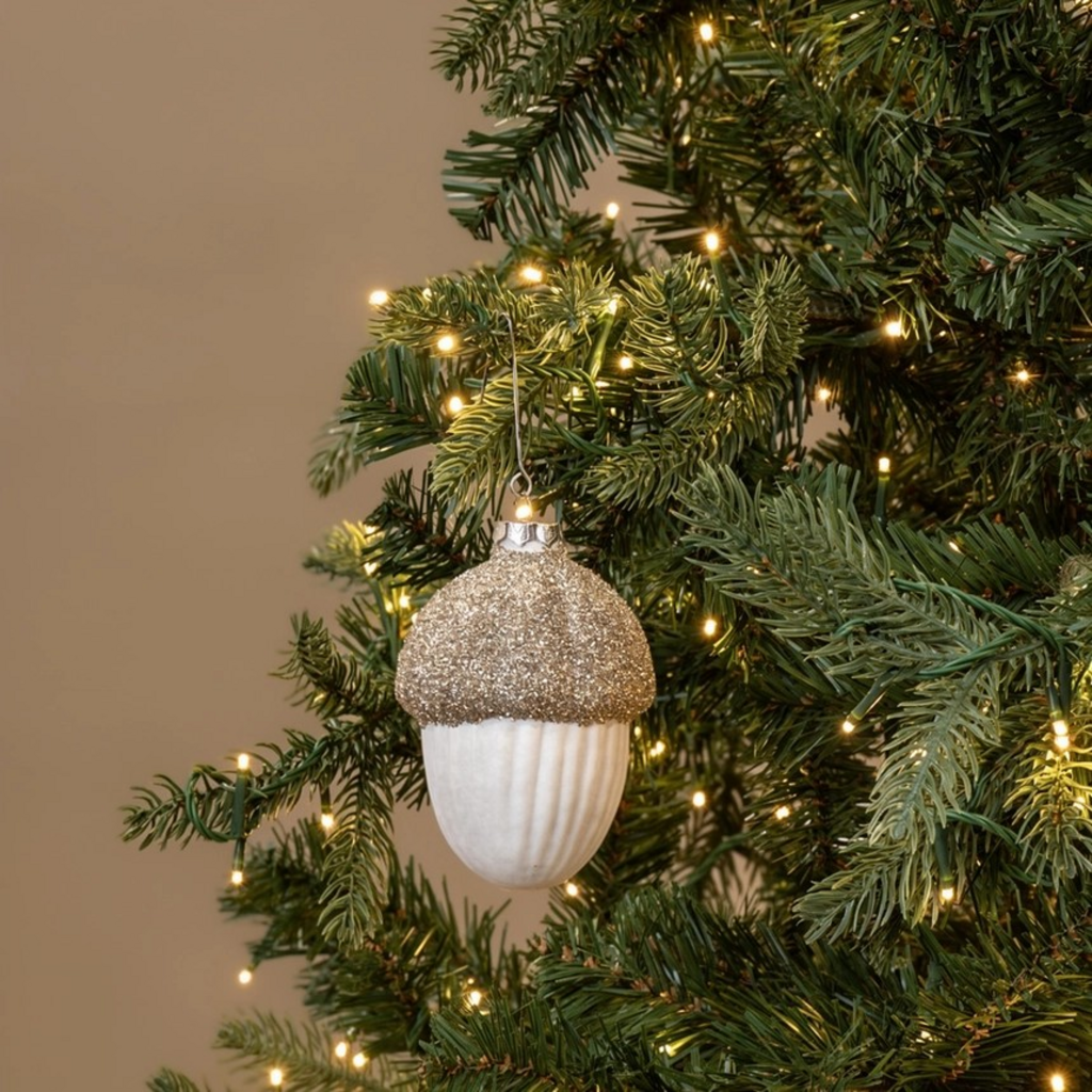 White Acorn Ornament with a glittered top