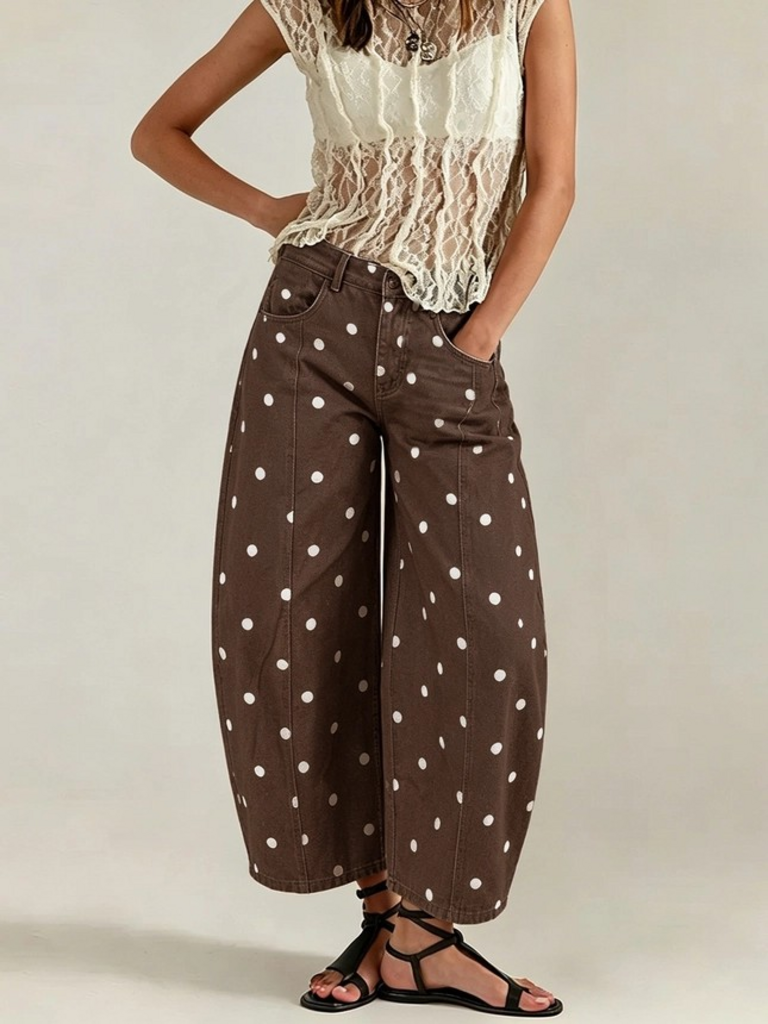 brown western polka dot seamed curved cropped jeans