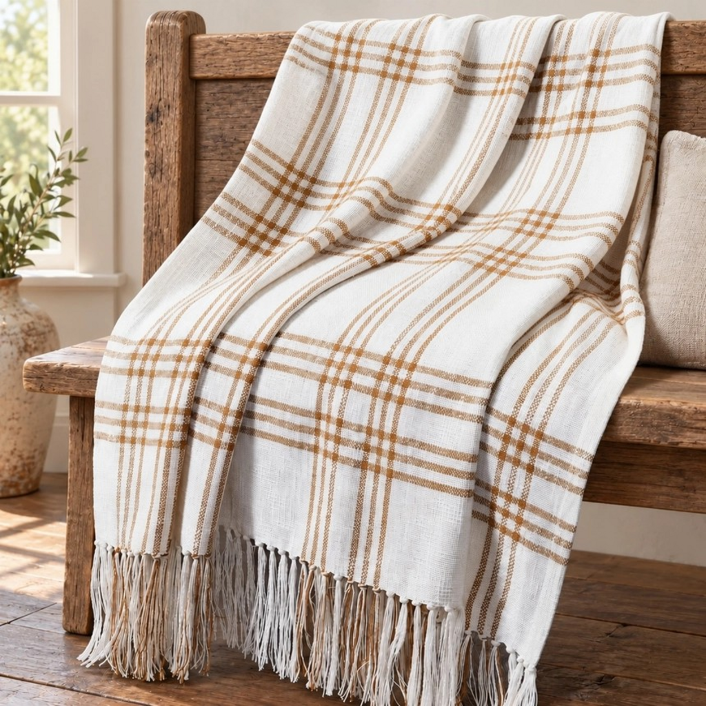 Wheat Plaid Woven Throw Blanket 50x60 Cotton Fringe Fall