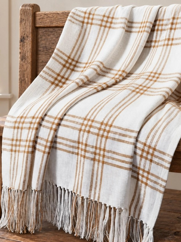 Wheat Plaid Woven Throw Blanket 50x60 Cotton Fringe Fall