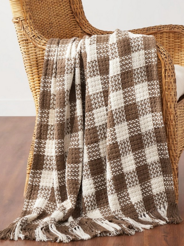 Cocoa Brown Heritage Check Throw Blanket with Fringe 50x60