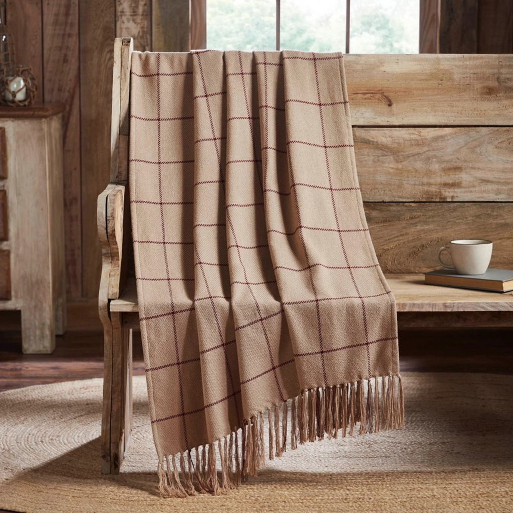 Windowpane Throw Blanket Tan Burgundy 50x60