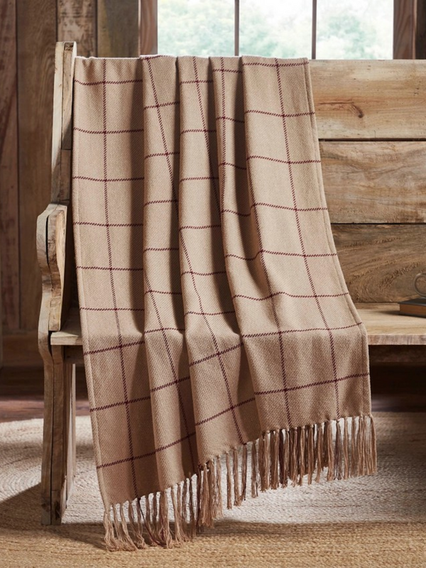 Windowpane Throw Blanket Tan Burgundy 50x60