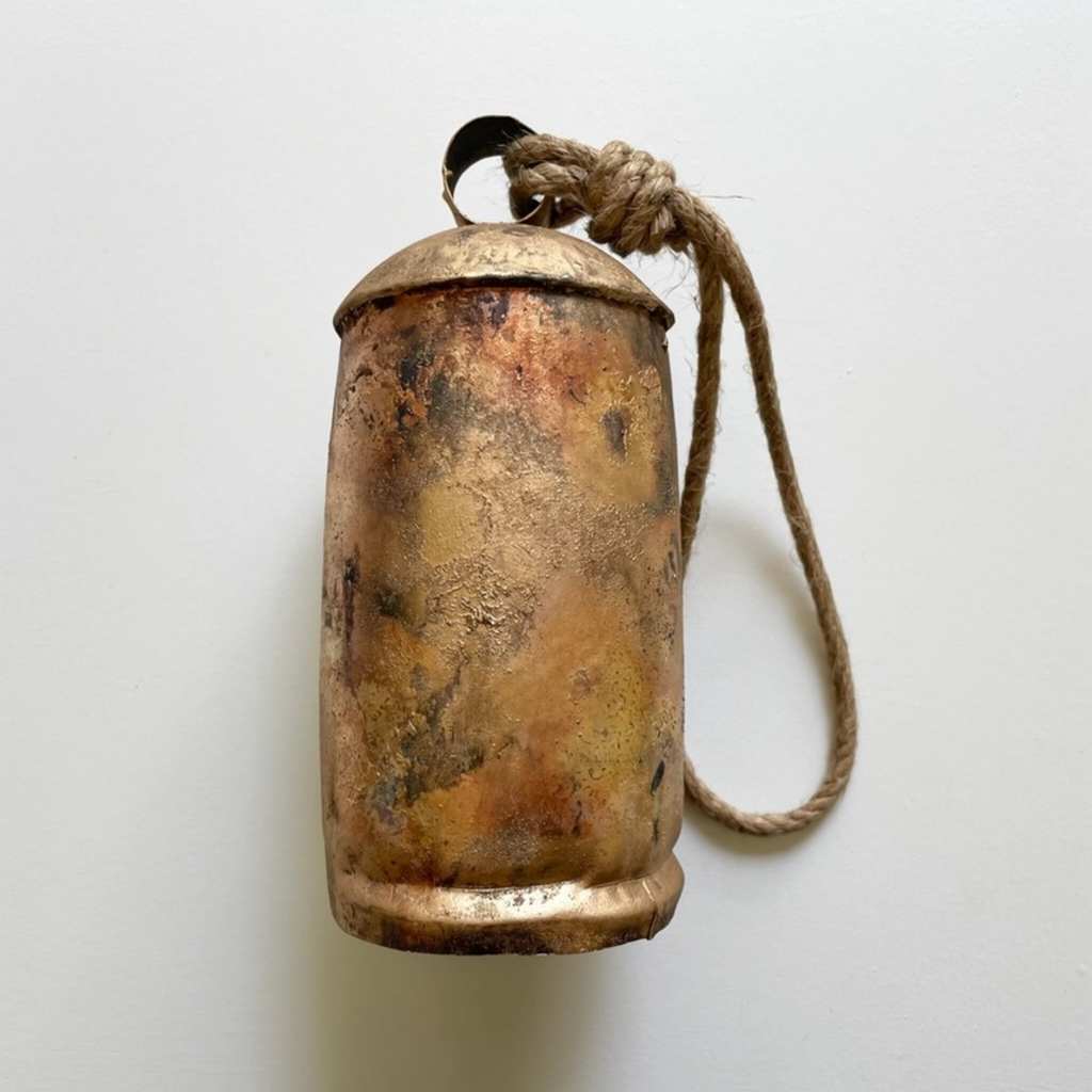 8' rustic tin brass finish bell with wood striker and jute rope