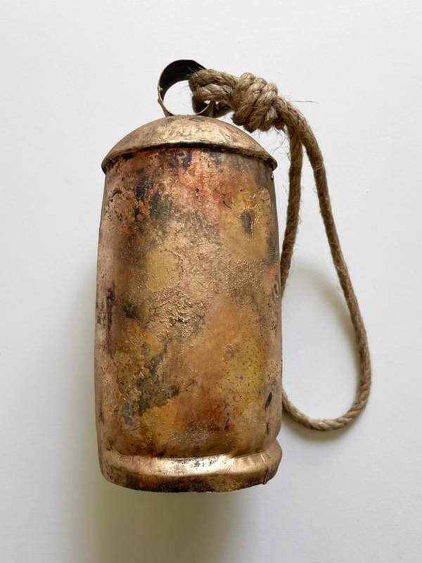 8' rustic tin brass finish bell with wood striker and jute rope