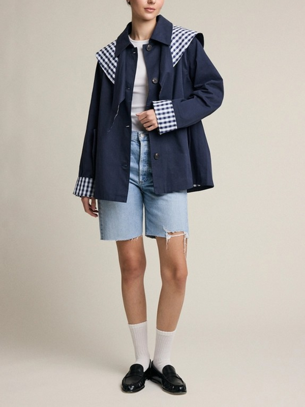 navy gingham scarf detail jacket