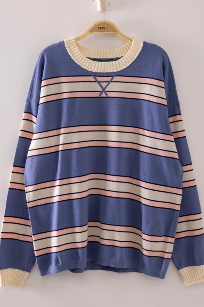 denim contrast striped ribbed crewneck