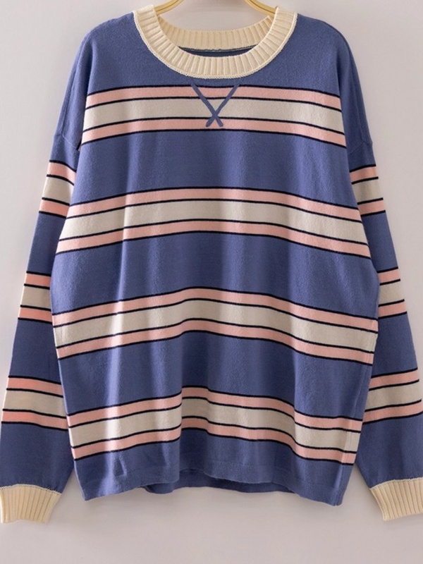 denim contrast striped ribbed crewneck