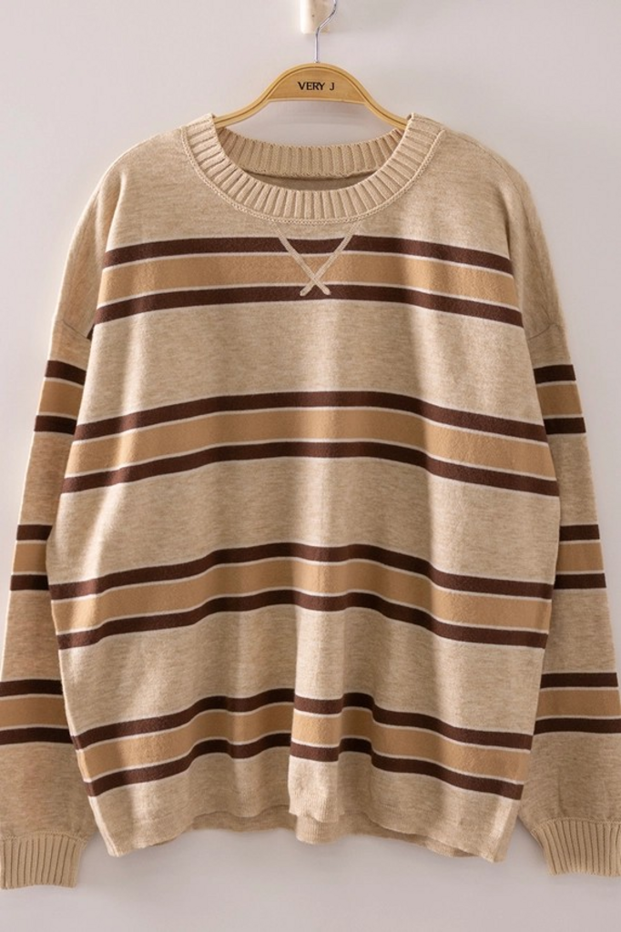 oatmeal contrast striped ribbed crewneck