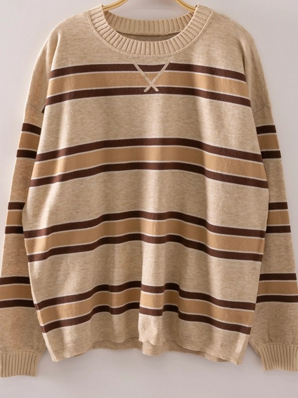 oatmeal contrast striped ribbed crewneck