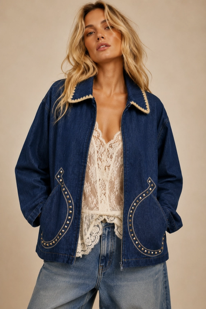 dark denim horseshoe embroidered zip up jacket