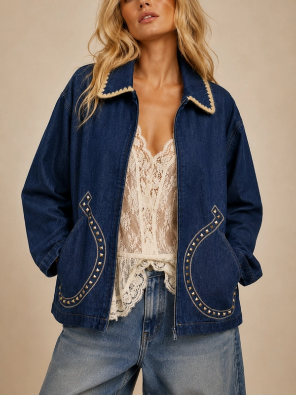 dark denim horseshoe embroidered zip up jacket