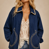 dark denim horseshoe embroidered zip up jacket