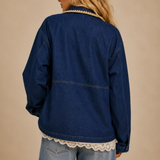 dark denim horseshoe embroidered zip up jacket