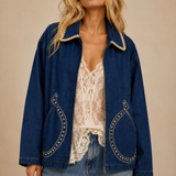 dark denim horseshoe embroidered zip up jacket