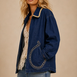 dark denim horseshoe embroidered zip up jacket