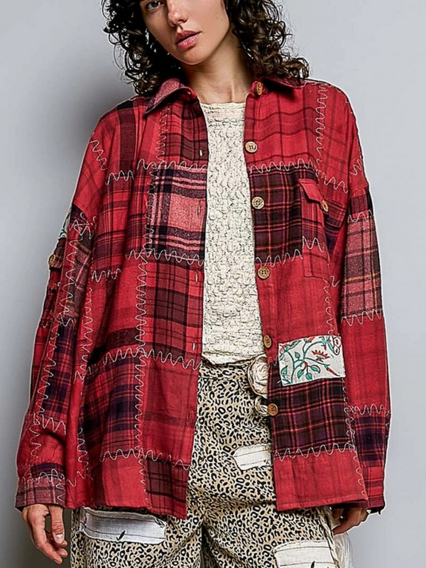 multi cherry vintage oversized plaid patchwork stitch button up shirt