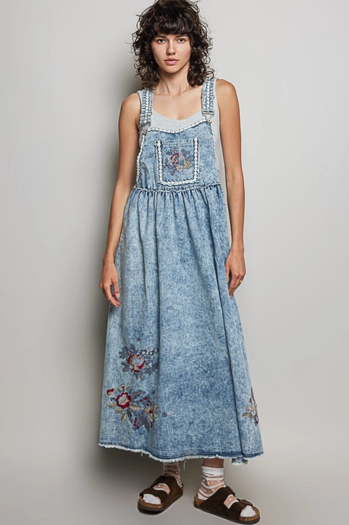 denim vintage wash embroidered overall dress