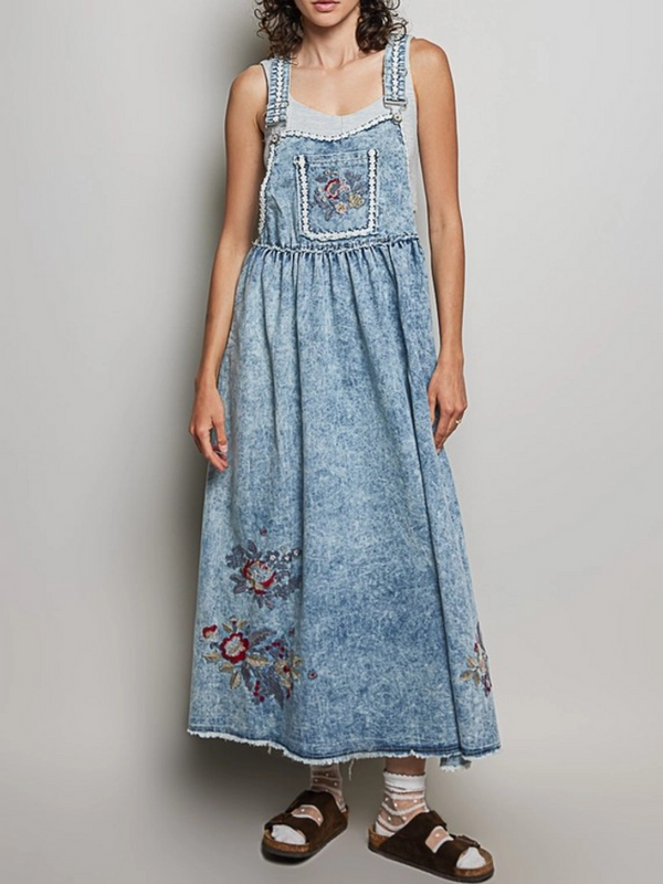 denim vintage wash embroidered overall dress