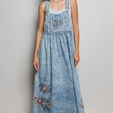denim vintage wash embroidered overall dress