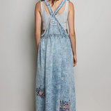 denim vintage wash embroidered overall dress