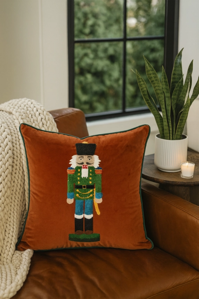 18" brown embroidered nutcracker velvet pillow