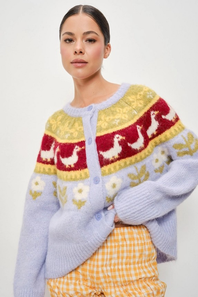 multi lilac nordic goose button down cardigan