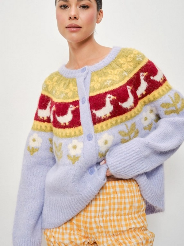 multi lilac nordic goose button down cardigan