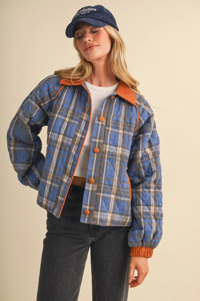 cornflower multi plaid quilted puffer jacket